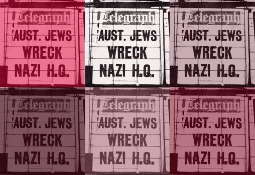 Telegraph headlines "Aust. Jews Wrek Nazi H.Q" in different shades of pink