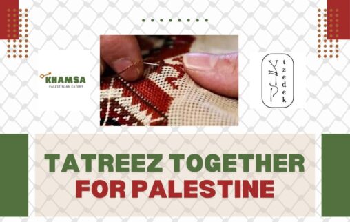 Close-up of tatreez (Palestinian embroidery) being stitched