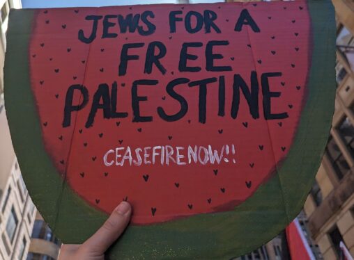 Watermelon protest signing reading "Jews for a free Palestine, ceasefire now"