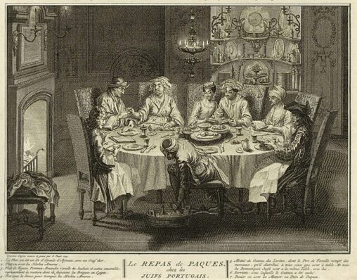 The Passover Seder Among Portuguese Jews. Inscription: 1. A Dish containing a Shoulder bone of Lamb, and a hard Egg 2. A Dish of bitter Herbs 3. A Dish consisting of Figs, Apples, Almonds, Mace, &c. hashed & boiled all together representing ye manner of their making Bricks in Egypt 4. Sauce for ye bitter Herbs 5. Half a Levitical [Levite] Cake which ye Master of each family breaks & distributes among ye guests NB. On this occasion all ye Jewish servants are included 6. A Napkin, which covered ye cake 7. A Basket containing ye Matsot or Paschal bread. Copper engraving, ink on paper, Leaf: H. 17.4 - W. 23.2 cm/ Engraving: H. 15 - W. 20.7 cm. Plate VI (bottom) from Vol I 'Ceremonies of Jews and Catholic Christians' from the 11-volume work "The Ceremonies and Religious Customs of the World," Amsterdam: JF [Jean-Frédéric] Bernard, 1723-1743. Translated in 7 volumes, London: William Jackson for Claude du Bosc, 1733-1739. Source: https://commons.wikimedia.org/wiki/File:Picart_Passover_Portuguese_Jews.jpg