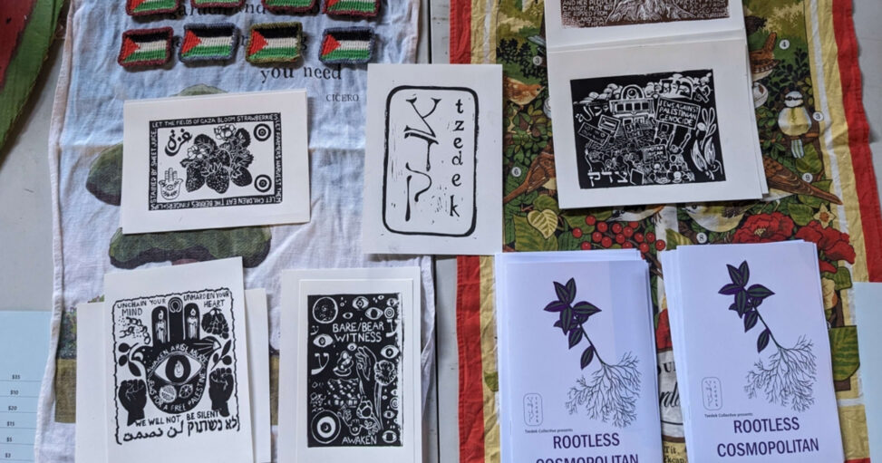 Tzedek Collective knitted Palestinian flag badges, linocut artwork and zines