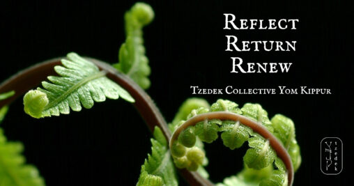 A spiral-shaped green fern on a black background, text reads: Reflect Return Renew Tzedek Collective Yom Kippur