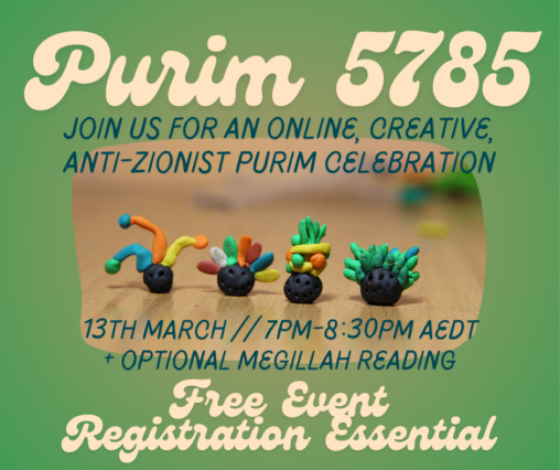 Promotional image for Purim event featuring small clown faces made out of plasticine